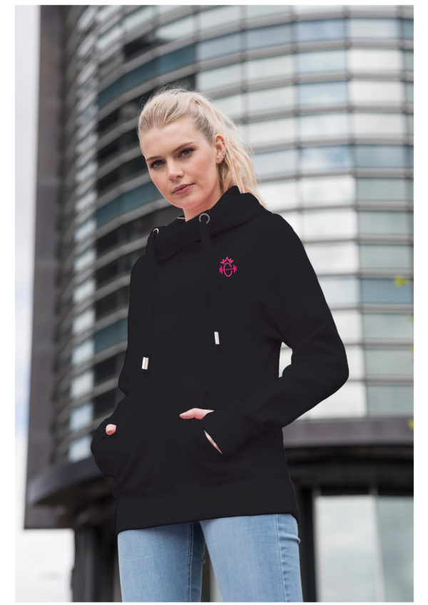 Super soft black cross neck hoody with logo - Image 2