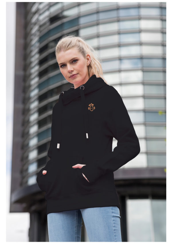 Super soft black cross neck hoody with logo